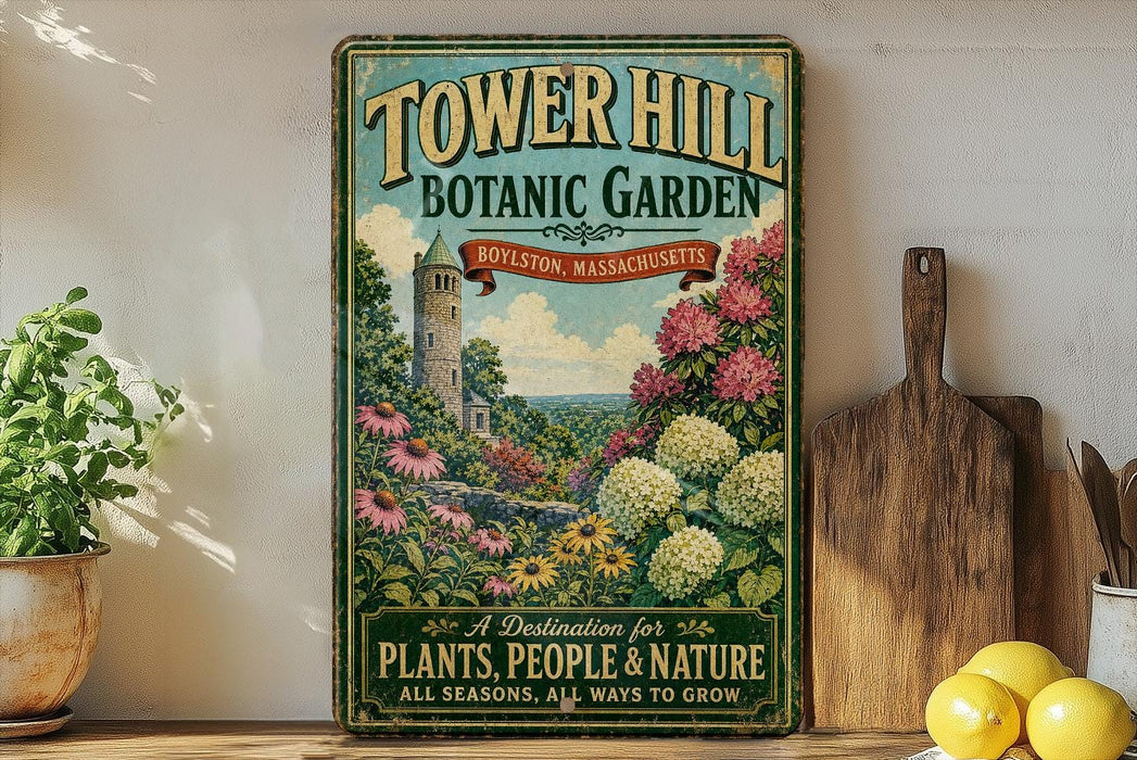 A vintage-style metal sign for Tower Hill Botanic Garden in Boston, Massachusetts, featuring a castle and colorful flowers, placed on a wooden shelf next to a potted plant and a cutting board.