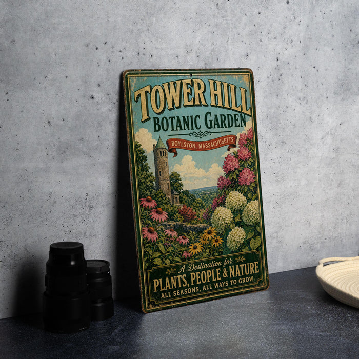 A vintage-style metal sign for Tower Hill Botanic Garden, featuring a castle and flowers, is displayed on a gray wall.