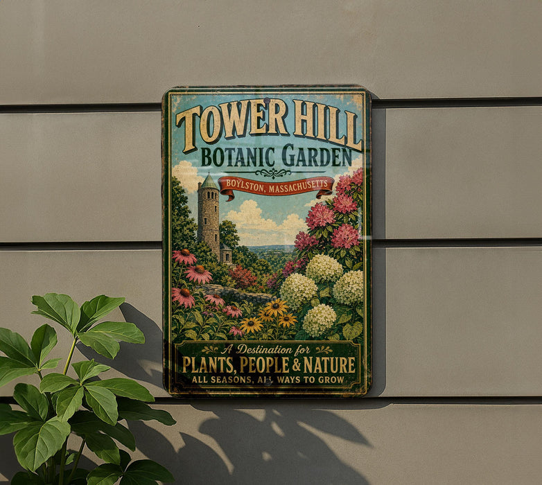A vintage-style metal sign for Tower Hill Botanic Garden in Boston, Massachusetts, featuring a lush garden scene with flowers and a tower.