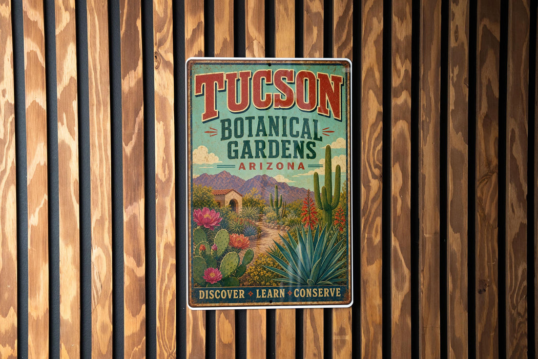 A vintage-style sign for the Tucson Botanical Gardens in Arizona, featuring a desert landscape with cacti, flowers, and mountains.