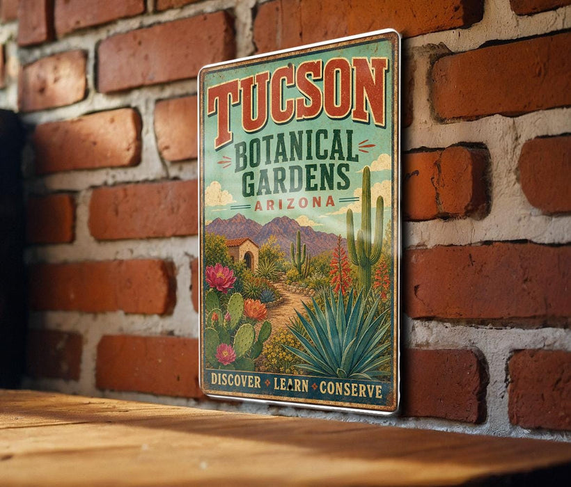 A vintage-style metal sign for the Tucson Botanical Gardens in Arizona, featuring a desert landscape with cacti, flowers, and mountains.
