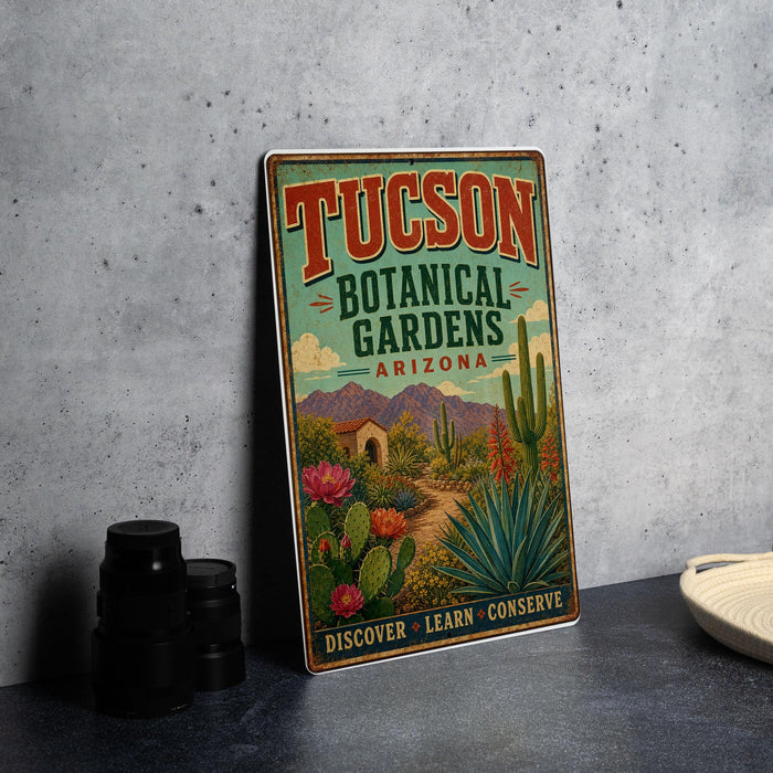 A vintage-style metal sign for the Tucson Botanical Gardens in Arizona, featuring colorful illustrations of desert plants and a desert landscape.