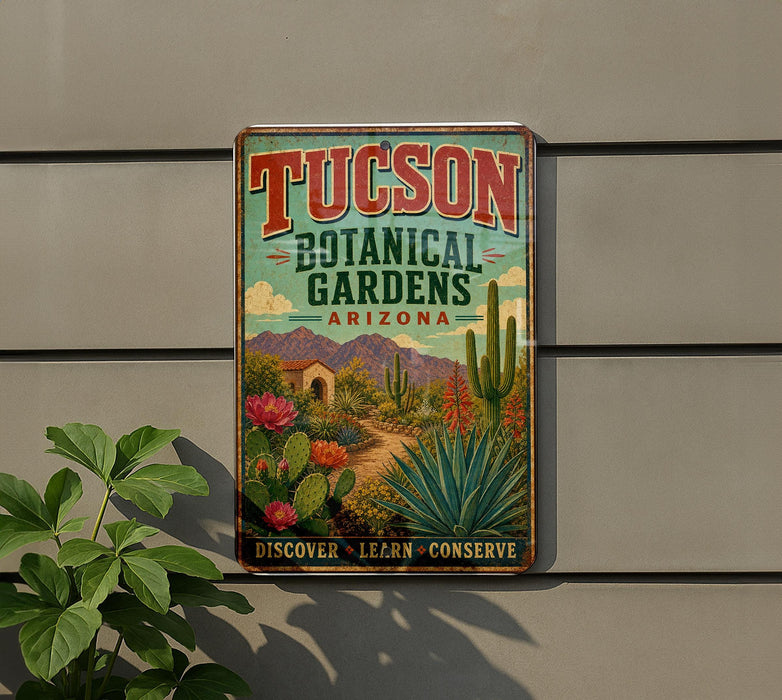 A vintage-style metal sign for the Tucson Botanical Gardens in Arizona, featuring a desert landscape with cacti, flowers, and mountains.