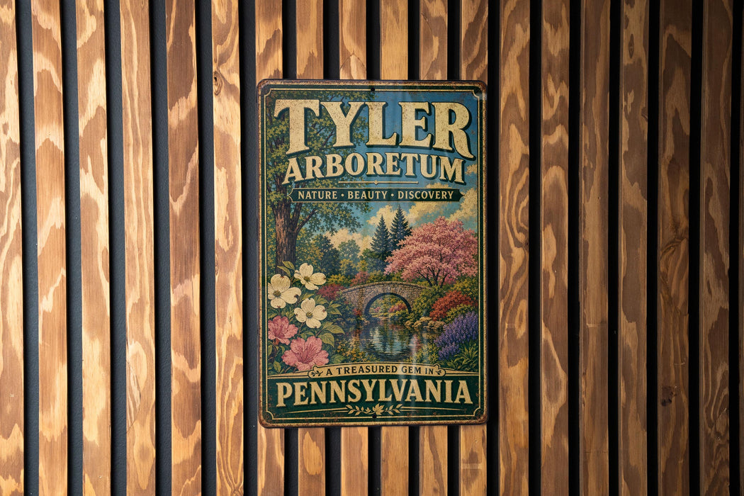 A vintage-style metal sign for the Tyler Arboretum in Pennsylvania, featuring a scenic landscape with a bridge and trees.