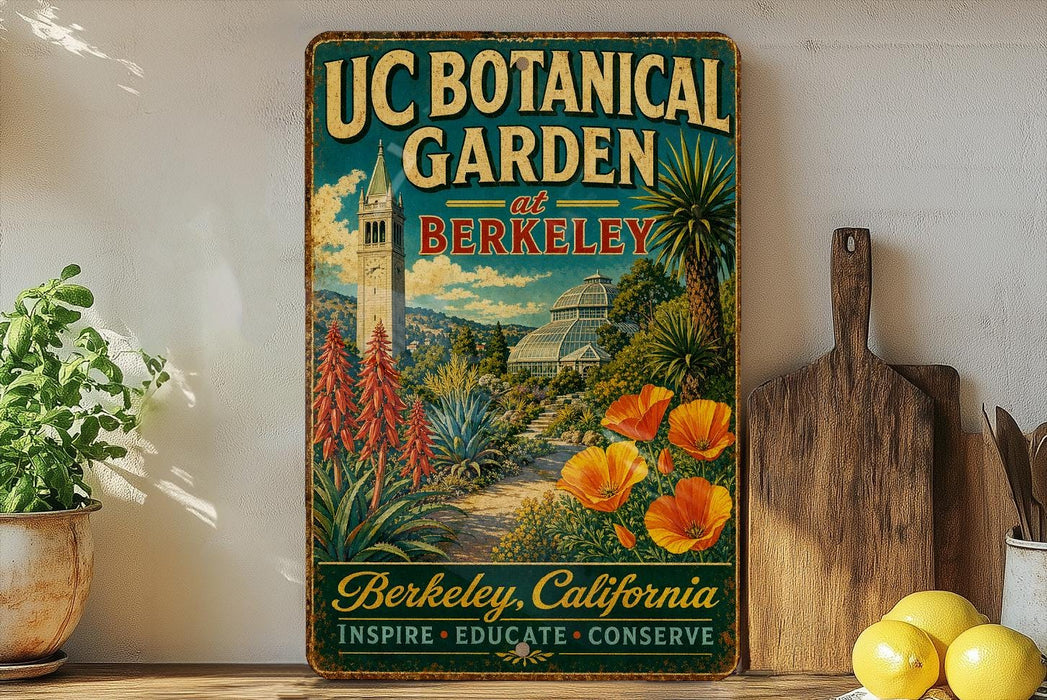 a vintage-style metal sign for UC Botanical Garden in Berkeley, California, with a lush garden scene and a bell tower in the background.
