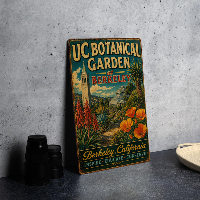 A vintage-style metal sign for the UC Botanical Garden in Berkeley, California, featuring a colorful illustration of the garden and its surroundings.