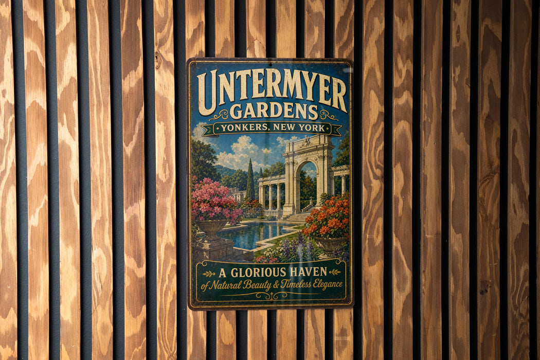 A vintage-style metal sign for "Untermyer Gardens" in New York, featuring an illustration of a garden with a fountain and ornate architecture.