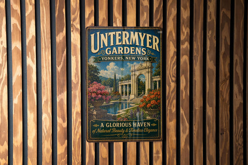 A vintage-style metal sign for "Untermyer Gardens" in New York, featuring an illustration of a garden with a fountain and ornate architecture.