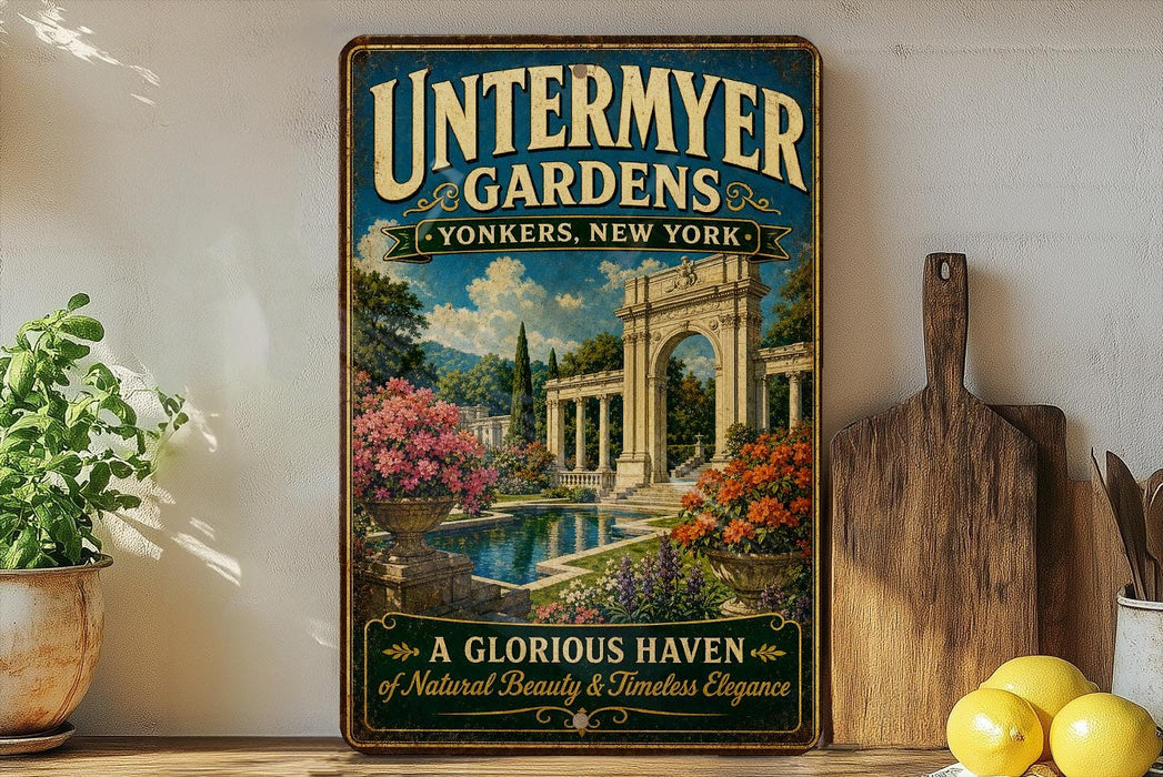 A vintage-style metal sign for "Untermoyer Gardens" in New York, featuring a picturesque garden scene with a fountain and ornate architecture.