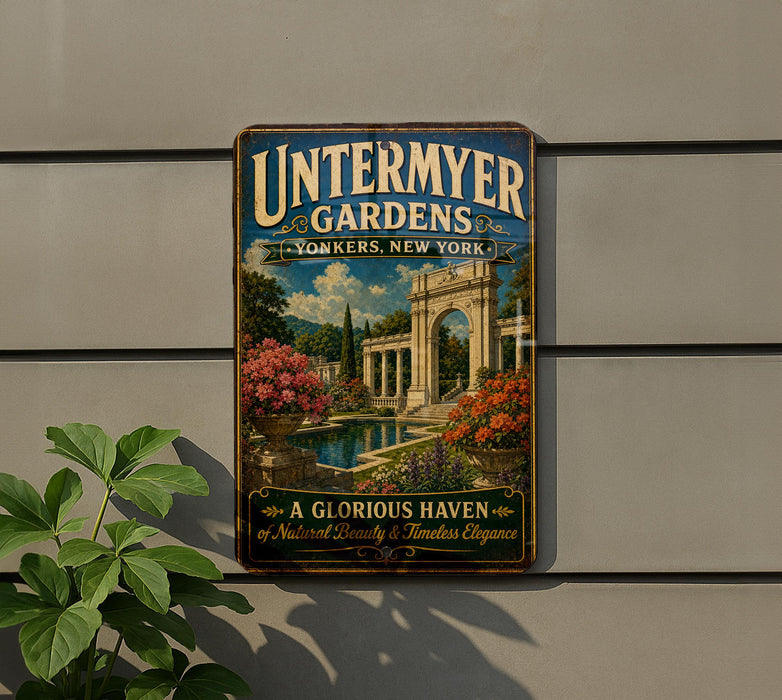 A vintage-style metal sign for "Untermyer Gardens" in New York, featuring a scenic image of a garden with a fountain and ornate architecture.