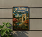A vintage-style metal sign for "Untermyer Gardens" in New York, featuring a scenic image of a garden with a fountain and ornate architecture.