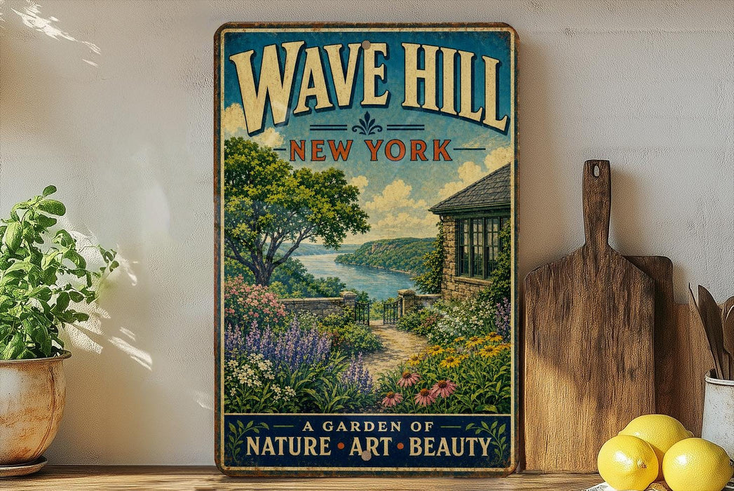 A vintage-style poster of a garden with a house and a river in the background, displayed on a wall next to a wooden cutting board and some potted plants.