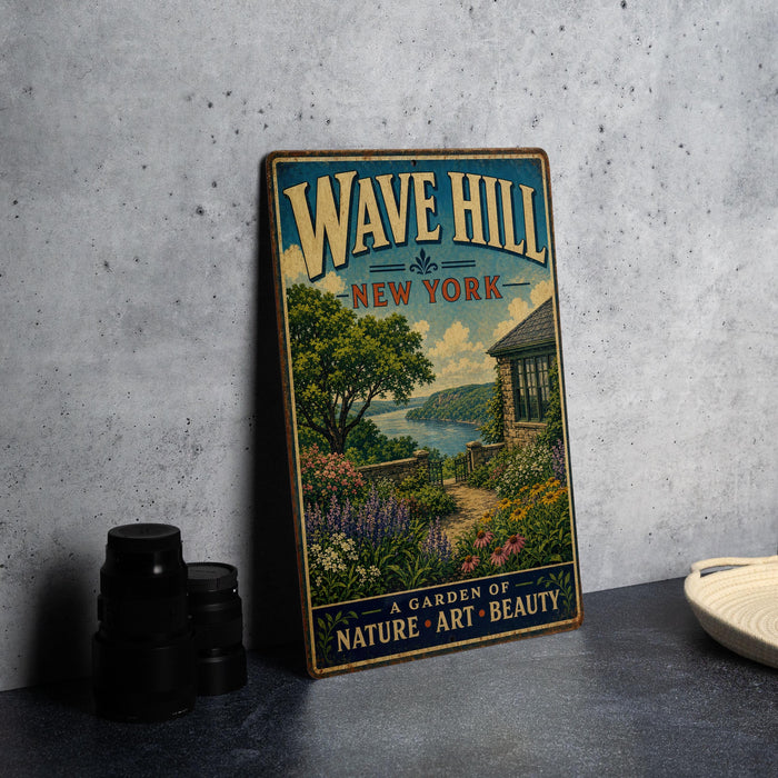 A vintage-style metal sign for "Wave Hill New York" featuring a garden scene with a house and flowers, placed on a gray countertop next to some black camera lenses.