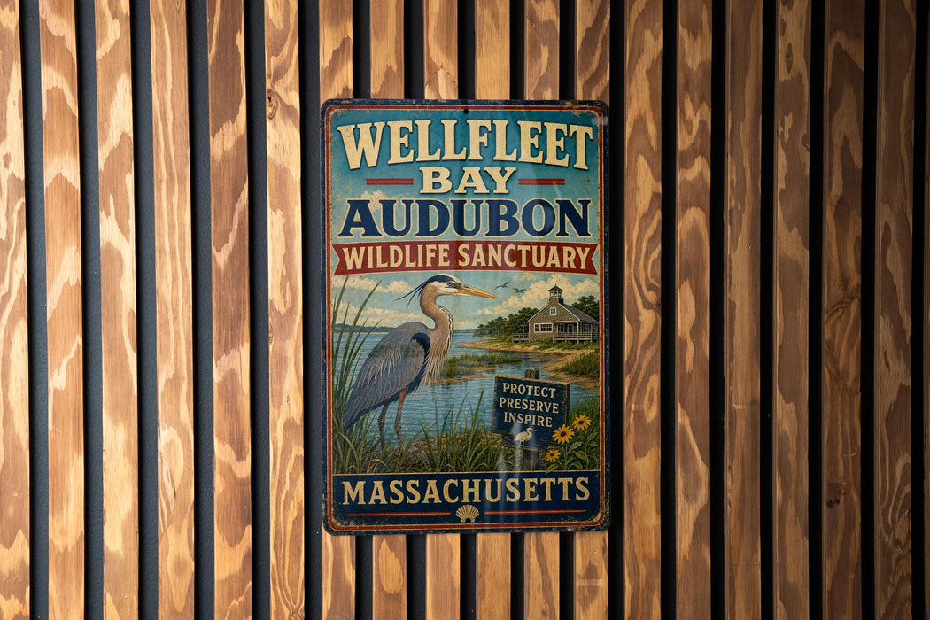 A vintage metal sign for Wellfleet Bay Audubon Wildlife Sanctuary in Massachusetts, featuring an illustration of a heron and a house.