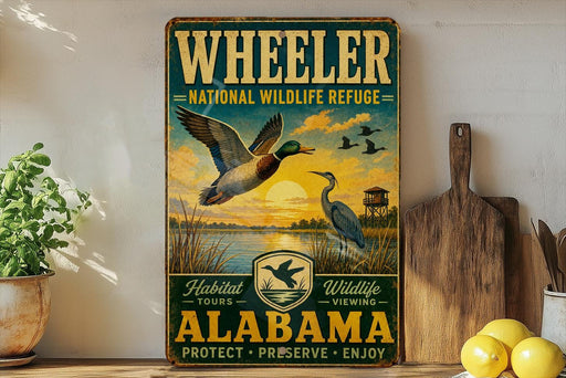 A vintage-style metal sign for Wheeler National Wildlife Refuge in Alabama, featuring a colorful illustration of ducks and a bird in flight against a sunset backdrop.