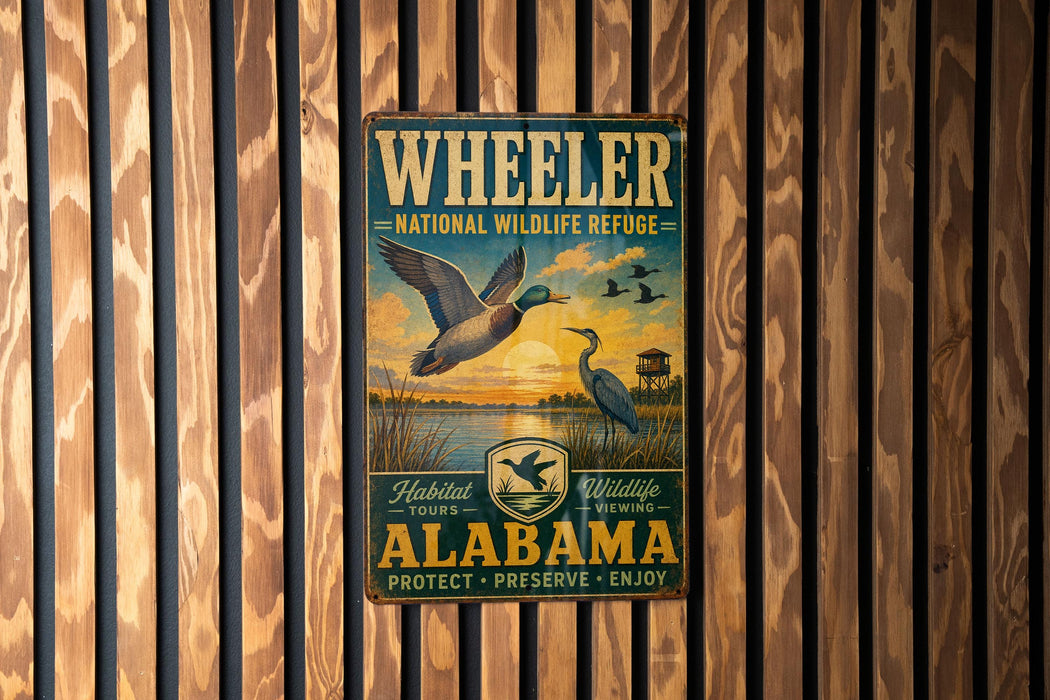 A vintage metal sign for the Wheeler National Wildlife Refuge in Alabama, featuring a bird illustration and text promoting habitat tours, wildlife viewing, and conservation.
