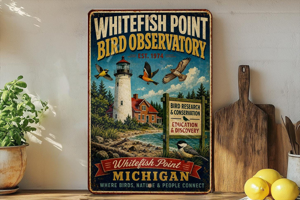A vintage-style metal sign for the Whitefish Point Bird Observatory in Michigan, featuring a lighthouse, birds, and a sign for bird research and conservation.