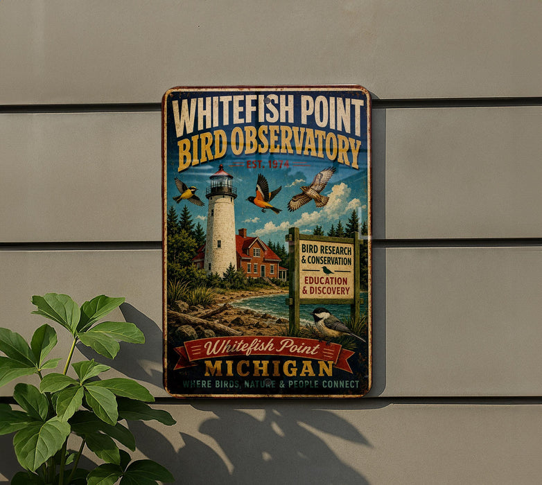 A vintage-style metal sign for the Whitefish Point Bird Observatory in Michigan, featuring a lighthouse and birds in flight.