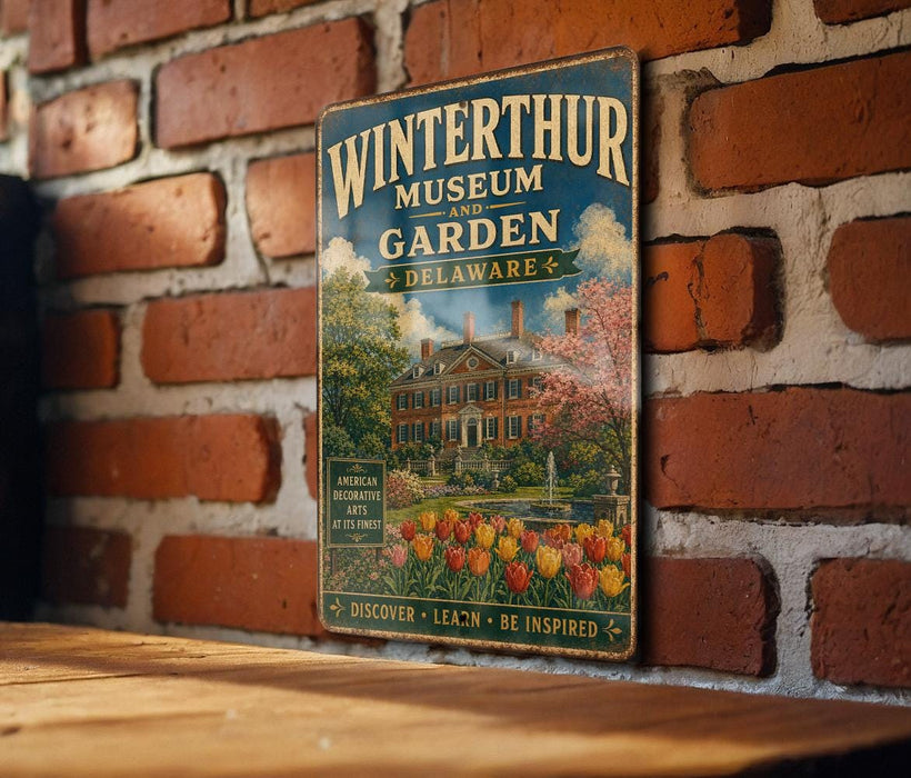 A vintage metal sign for the Winterthur Museum and Garden in Delaware, featuring an illustration of a historic building surrounded by a garden with tulips.