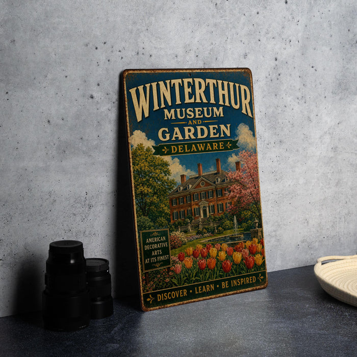 A vintage metal sign for the Winterthur Museum Garden in Delaware, featuring an illustration of a historic building surrounded by a garden with tulips.