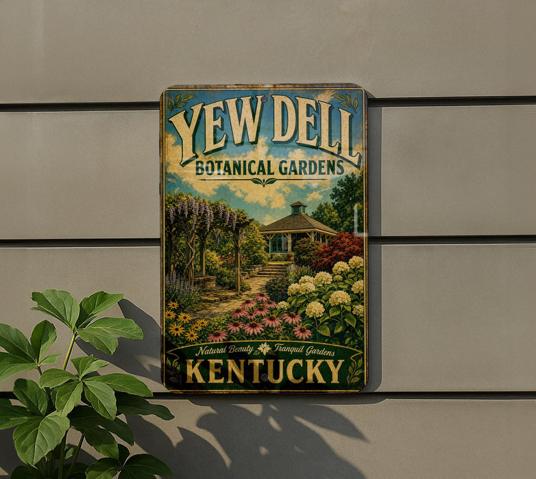 A vintage-style metal sign for Yew Dell Botanical Gardens in Kentucky, featuring a garden scene with a gazebo and various plants.