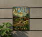 A vintage-style metal sign for Yew Dell Botanical Gardens in Kentucky, featuring a garden scene with a gazebo and various plants.