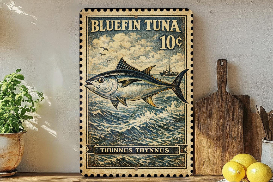 A vintage-style stamp featuring a bluefin tuna fish, with the text "BLUEFIN TUNA 10¢" and "THUNNUS THYNNUS" printed on it. The stamp is displayed on a wall, with a wooden cutting board and a potted plant visible in the foreground.