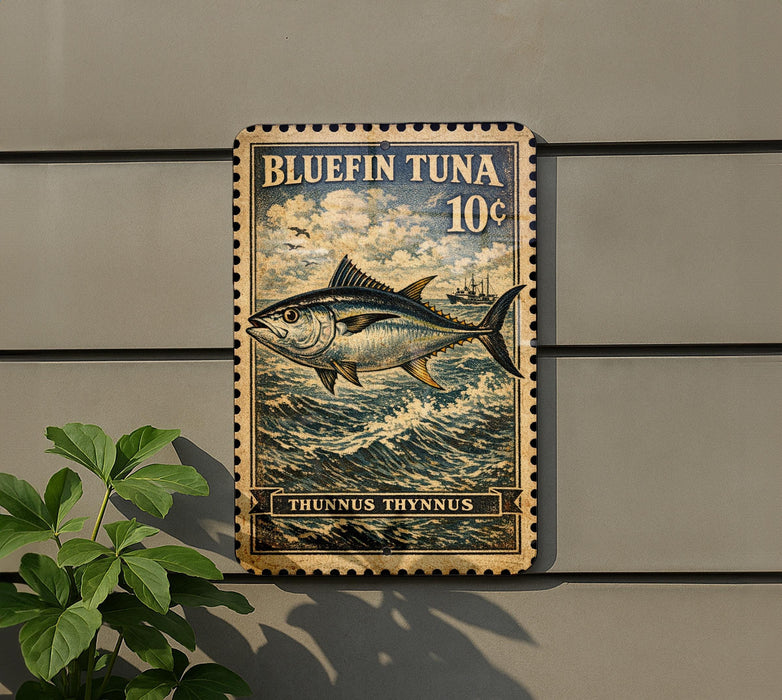 a vintage-style stamp or sign with a depiction of a bluefin tuna and the text "BLUEFIN TUNA 10¢ THUNNUS THYNNUS".