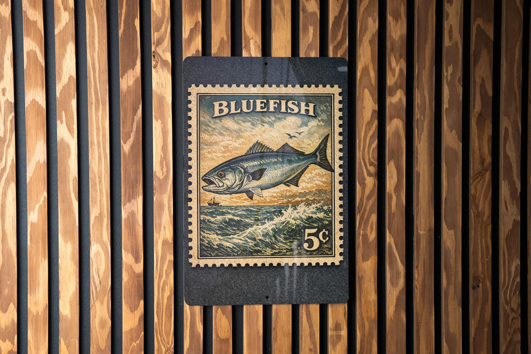 A vintage-style postage stamp featuring a bluefish, with the text "BLUETOOTH" and the denomination "5¢".