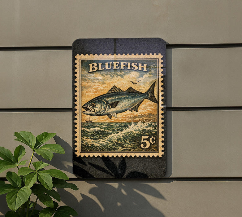 A framed image of a bluefish on a wall, with a postage stamp-like border.
