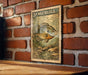 A 5¢ postage stamp featuring a fish is displayed on a brick wall.
