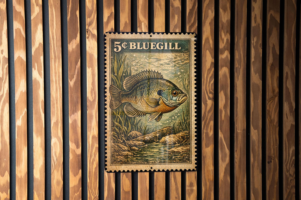 A 5¢ postage stamp featuring a bluegill fish is displayed on a wooden wall.