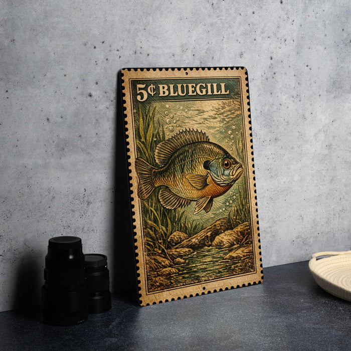 A framed print of a fish, likely a Bluegill, is displayed on a gray wall next to a stack of black camera lenses.