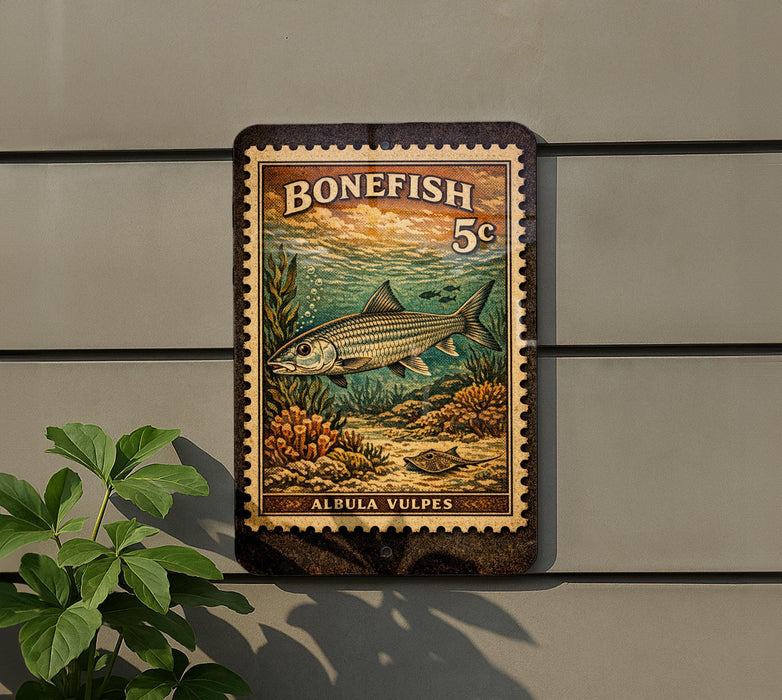 a vintage-style metal sign with a fish illustration, mounted on a wall next to a plant.