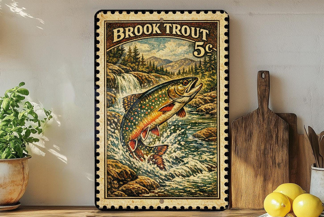 A framed print of a Brook Trout fish leaping out of a river, surrounded by a natural landscape.