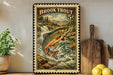 A framed print of a Brook Trout fish leaping out of a river, surrounded by a natural landscape.