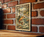 A framed image of a fish, likely a Brook Trout, is mounted on a brick wall.