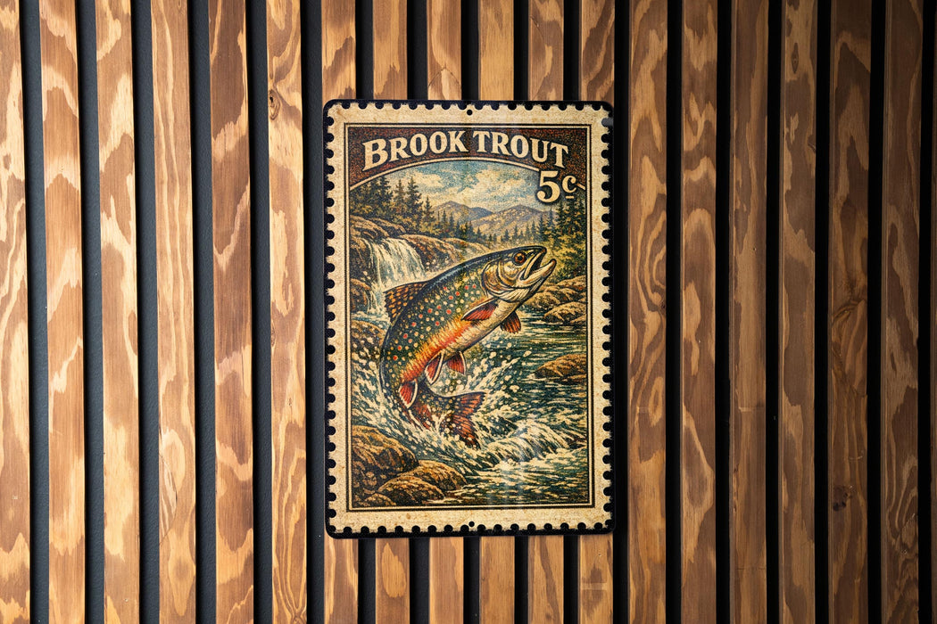 A 5c postage stamp featuring a colorful illustration of a Brook Trout leaping out of a river, set against a backdrop of a waterfall and forest.