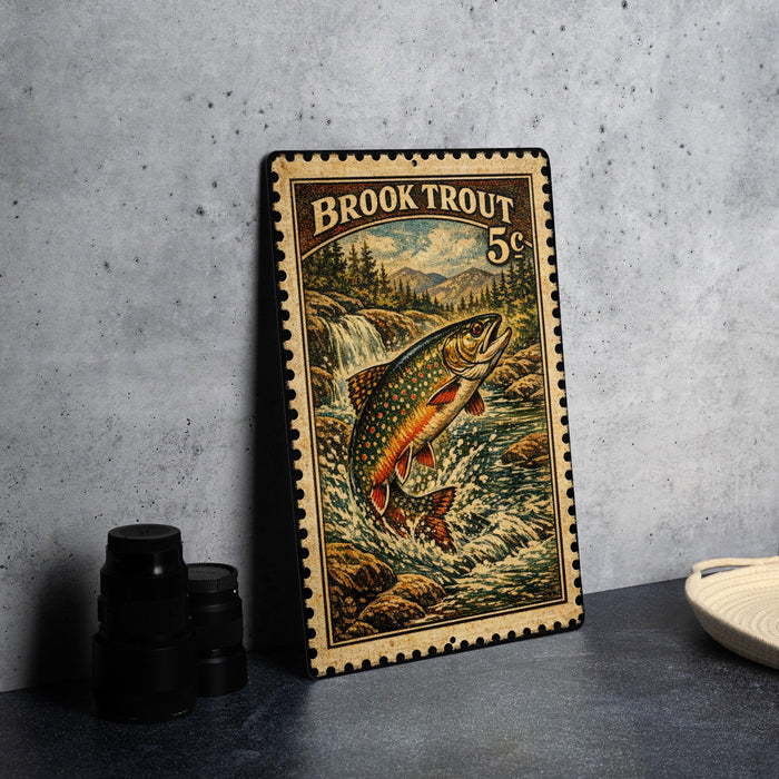 A metal stamp featuring a colorful illustration of a Brook Trout leaping out of a river, with a waterfall in the background.