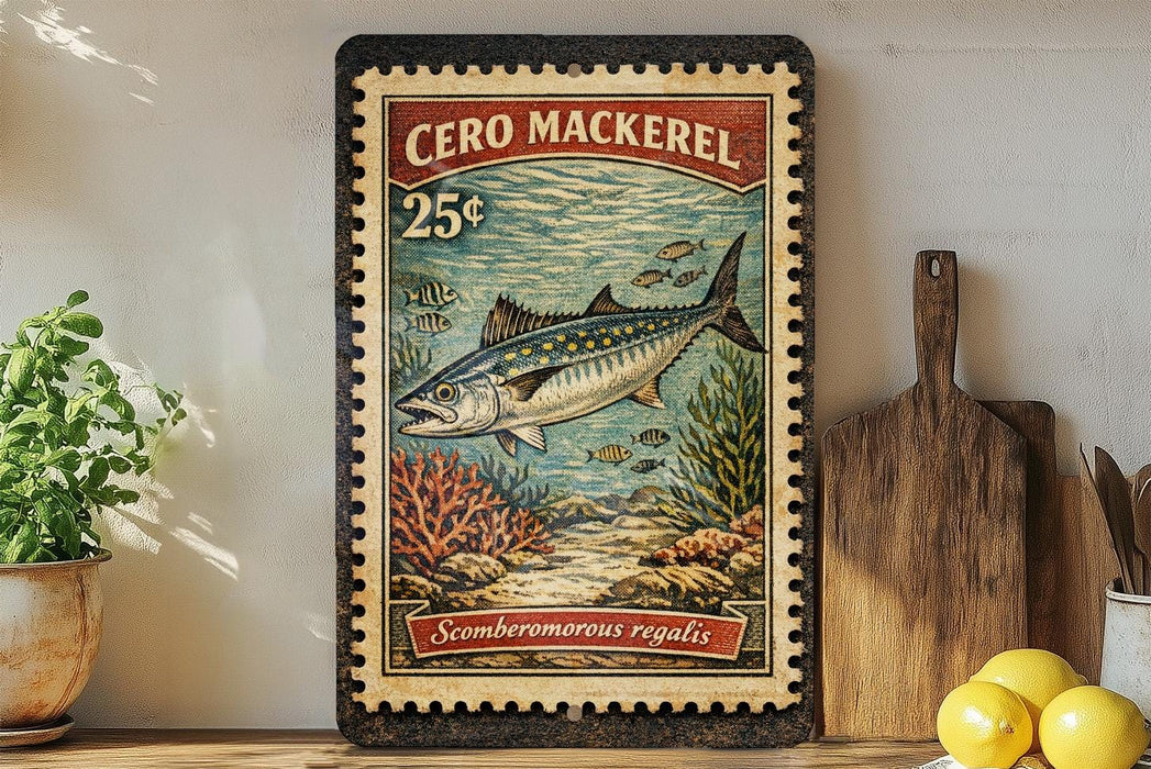A vintage-style poster of a fish, likely a mackerel, is displayed on a wall next to a wooden cutting board and some kitchen utensils.