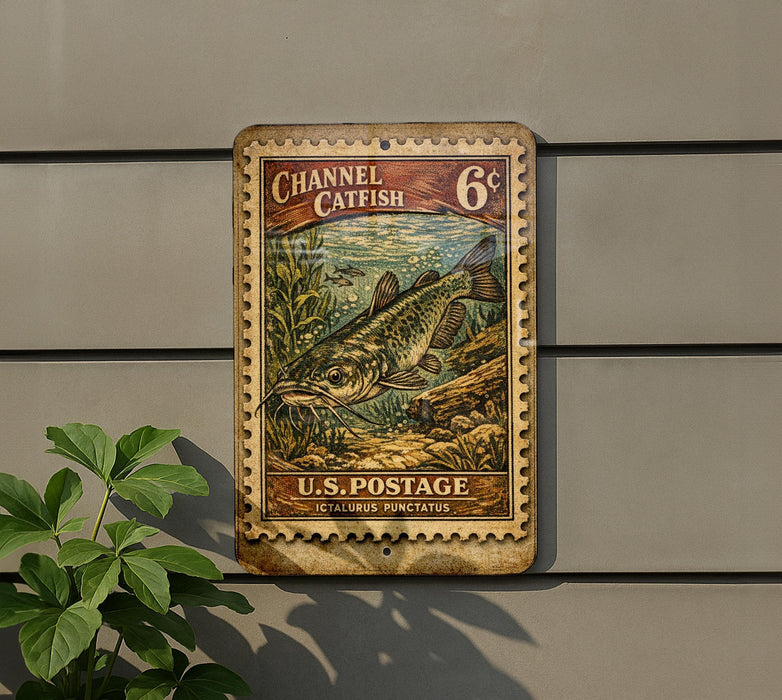 A vintage-style metal sign with a fish illustration, mounted on a wall next to a plant.