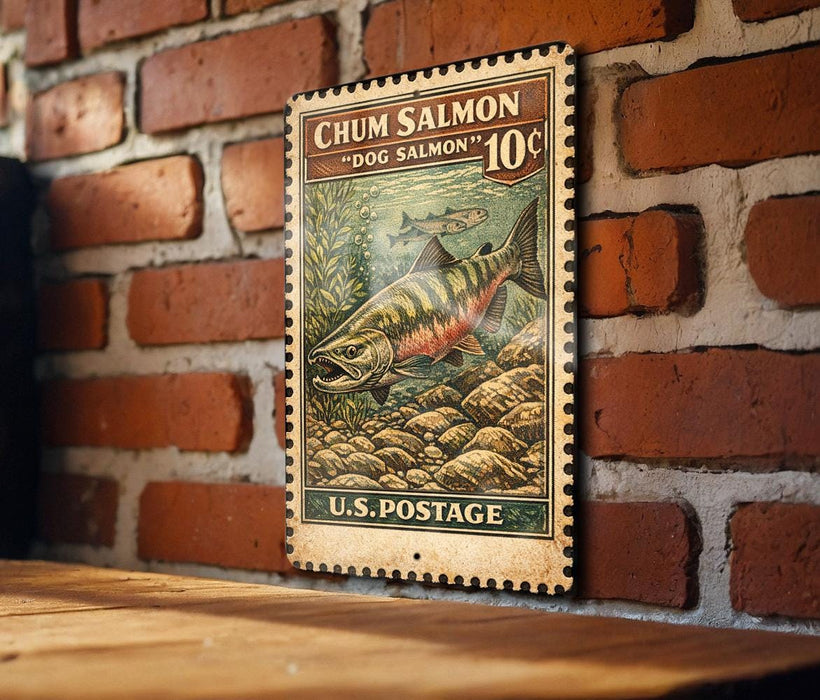 A vintage-style postage stamp featuring a chum salmon, which is a type of fish, is displayed on a brick wall.