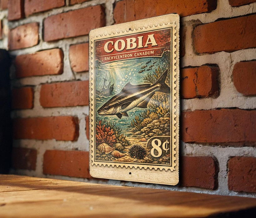 A vintage-style metal stamp depicting a fish, likely a cobia, is mounted on a brick wall.