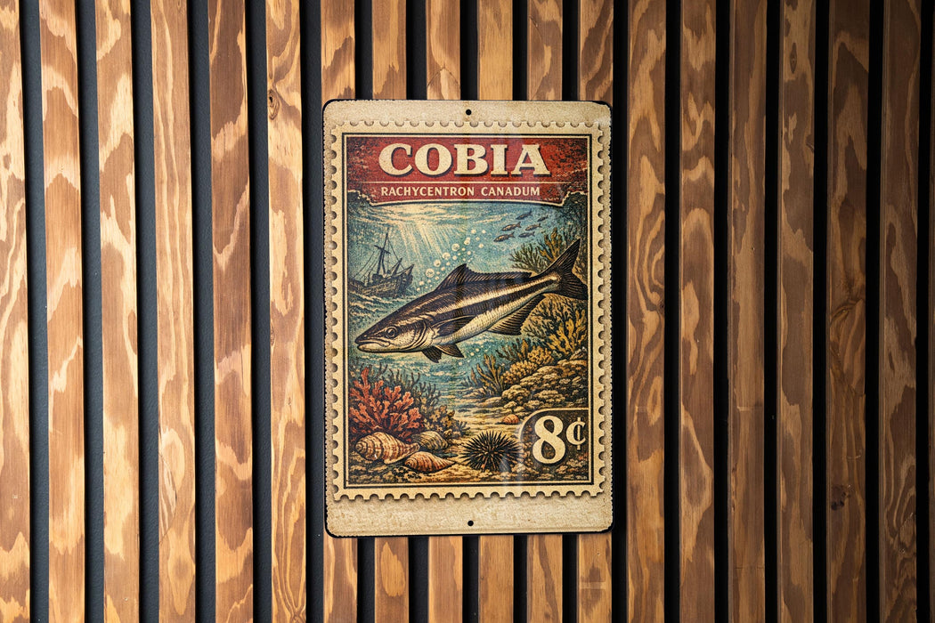 A metal sign with a fish illustration and text, mounted on a wooden wall.