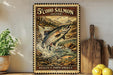 A framed vintage stamp depicting a salmon leaping over a waterfall, with the text "5¢ COHO SALMON (SILVER) WILDLIFE OF NORTH AMERICA" printed on it.