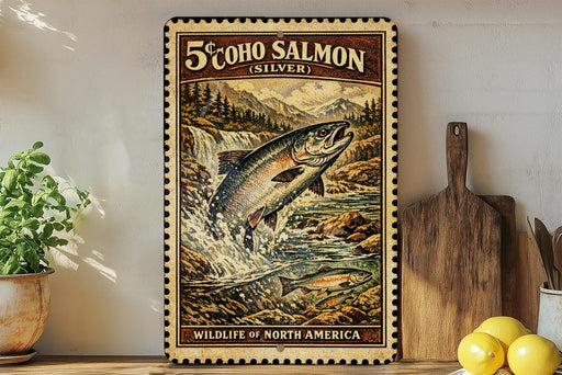 A framed vintage stamp depicting a salmon leaping over a waterfall, with the text "5¢ COHO SALMON (SILVER) WILDLIFE OF NORTH AMERICA" printed on it.