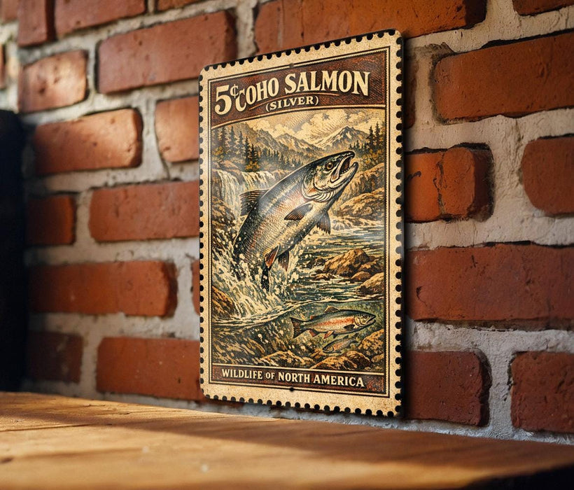 A 5¢ coin stamp depicting a salmon leaping over a river, with the text "5¢ COHO SALMON (SILVER)" and "WILDLIFE OF NORTH AMERICA" printed on it.