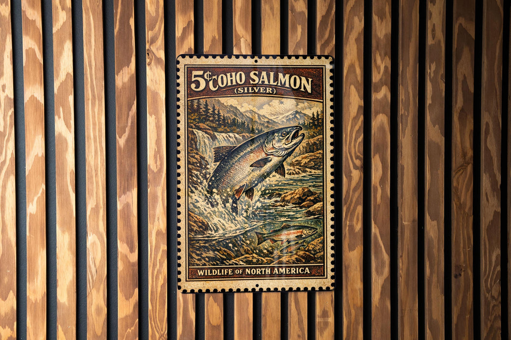 A 5c postage stamp featuring a salmon leaping out of a river, with the text "5COHO SALMON (SILVER)" and "WILDLIFE OF NORTH AMERICA" printed on it.