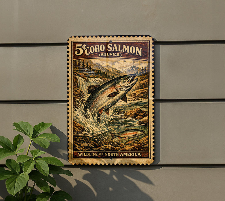 a framed poster of a salmon leaping out of a river, with a lush green plant to the left.