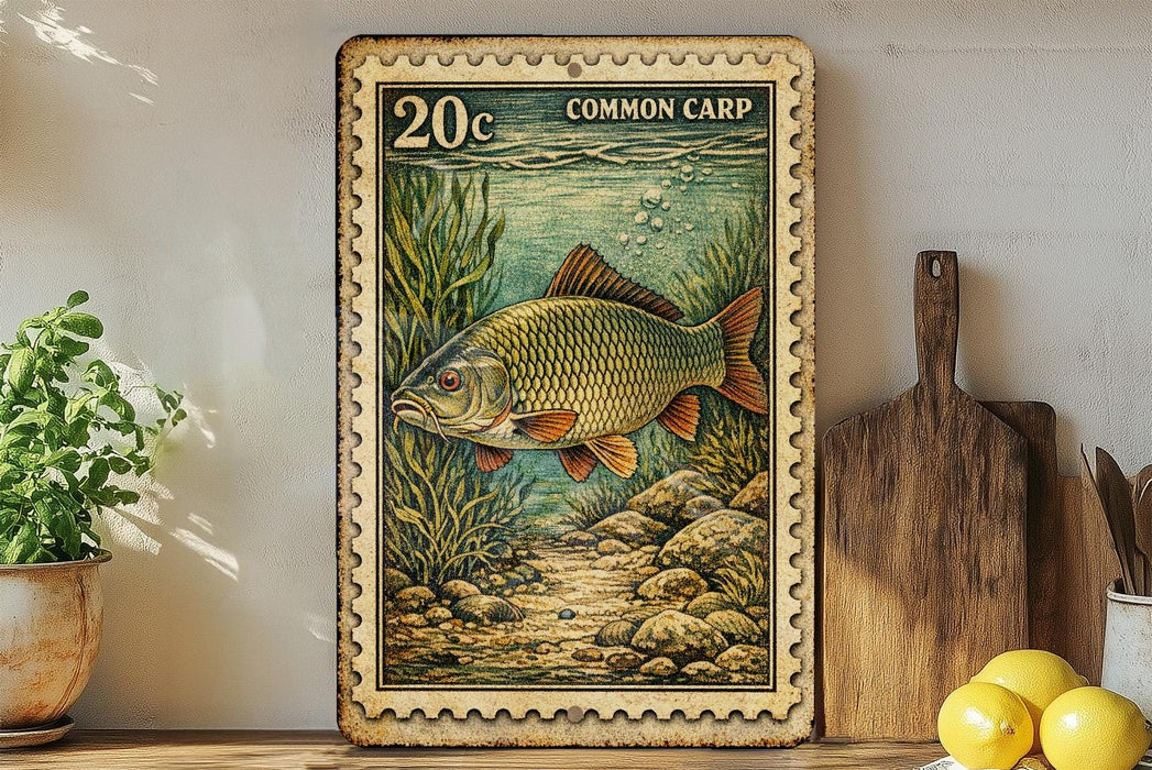 a framed print of a fish, specifically a carp, with a 20 cent stamp on the border. The print is displayed on a shelf next to a wooden cutting board and some kitchen utensils, such as a knife and a spoon.